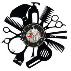 Ceas de perete decorativ realizat din disc de vinil, Model Salon Coafura si Frizerie, Foarfece, Piepteni si Uscator de Par, Negru Premium, 30 cm