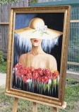 Cumpara ieftin Tablou tanara cu palarie pictat manual inramat, Eleganta, 80x60cm ulei pe panza, rama din lemn auriu antichizat, Mircea Iordache