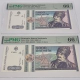 2 Bancnote 5000 Lei 1992 UNC, Serii Consecutive, Gradate PMG 66 EPQ