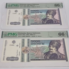 2 BANCNOTE UNC 5000 LEI 1992 GRADATE PMG 66 EPQ - SERII CONSECUTIVE