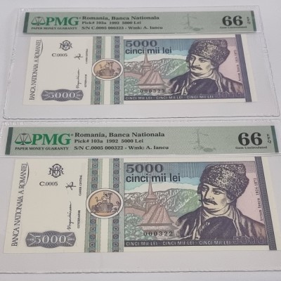 2 BANCNOTE UNC 5000 LEI 1992 GRADATE PMG 66 EPQ - SERII CONSECUTIVE foto