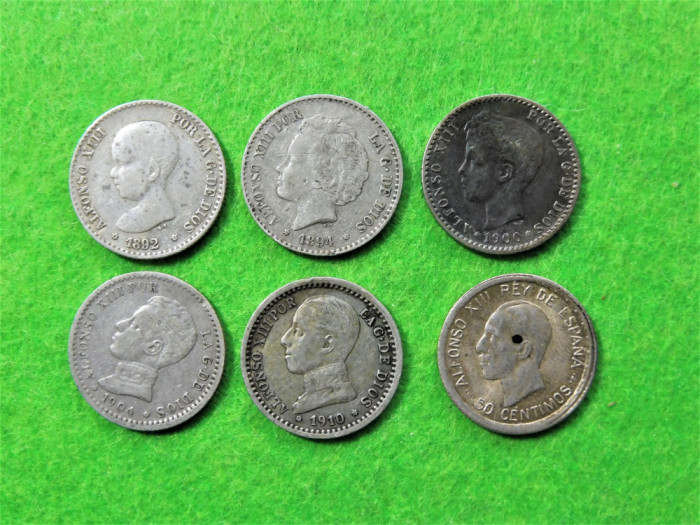 SPANIA Lot 6 Monede 50 Centimos -Toate cele 6 efigii Alfonso XIII - Argint (200)