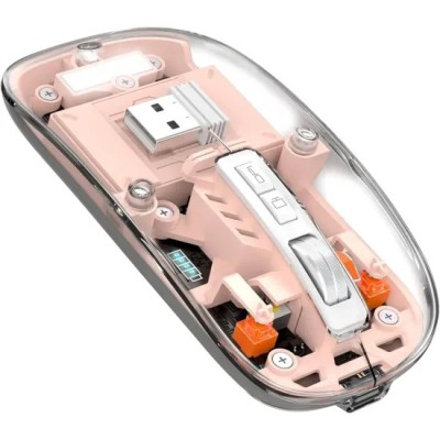 Mouse Nou M133, 2400dpi, 5 Butoane, Indicator Nivel Baterie, Transparent, Roz, Wireless + Bluetooth foto