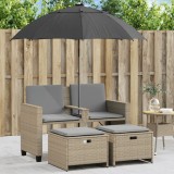 Canapea Gradina 2 Locuri vidaXL, Poliratan Bej, cu Umbrela + Taburete, Huse Lavabile, Relaxare Exterior