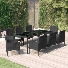 Set mobilier de gradina cu perne, 9 piese, negru, poliratan