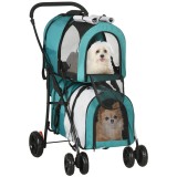 PawHut Cochecito Dublu pentru C&acirc;ini Pisici Pliabil cu 2 Transportoare Extraibile cu Centură și Perne 66x50x98 cm Verde și Gri | Aosom Romania