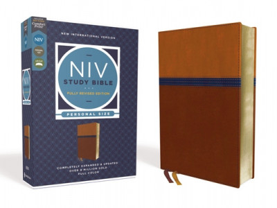 NIV Study Bible, Fully Revised Edition, Personal Size, Leathersoft, Brown/Blue, Red Letter, Comfort Print foto