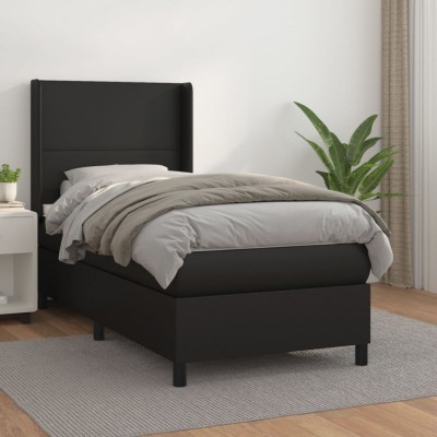 vidaXL Pat box spring cu saltea, negru, 90x200 cm, piele ecologică foto