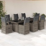 VidaXL Set bistro de grădină cu perne, 9 piese, gri, poliratan