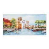 Tablou pictat manual living, dormitor, Peisaj citadin, castel medieval, 120x60cm ulei pe panza in cutit efect 3D, gata de expus pe perete