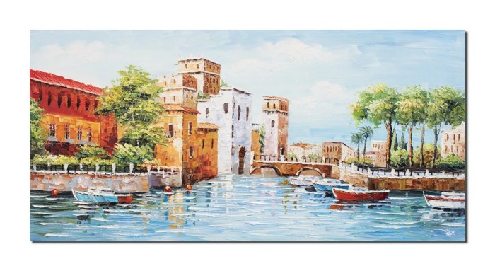 Tablou pictat manual living, dormitor, Peisaj citadin, castel medieval, 120x60cm ulei pe panza