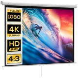 HOMCOM Ecran de Proiecție 84 Inch Format 4:3, Ecran Rulabil cu Unghi de 160&deg; și Montare pe Tavan sau Perete, 181x8x138 cm, Alb | Aosom Romania