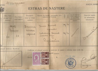 Romania, extras de nastere, Pogaceaua, judetul Mures, 1933 foto