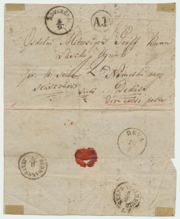 Transilvania 1858 plic taxat porto 12 kr Covasna - Tg.-Secuiesc - Sibiu - Deva