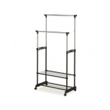 Stender haine cu suport incaltaminte dublu SL Nova II Bis, metalic, cu roti, inaltime ajustabila, solid, negru/argintiu