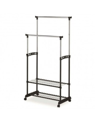 Stender haine cu suport incaltaminte dublu SL Nova II Bis, metalic, cu roti, inaltime ajustabila, solid, negru/argintiu foto