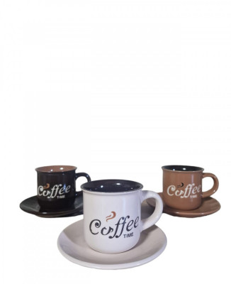 Set 3 cesti pentru cafea cu farfurioare , in 3 nuante de maro cu text Coffe Time foto