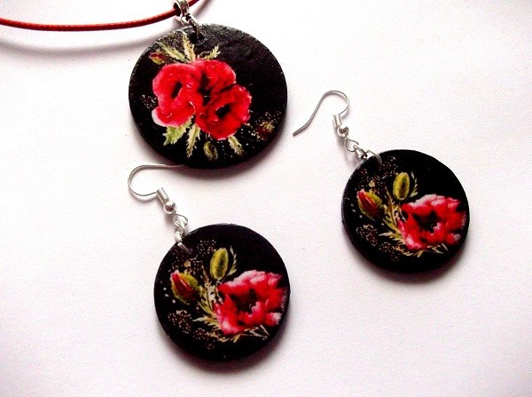 set bijuterii lemn cu maci 42301
