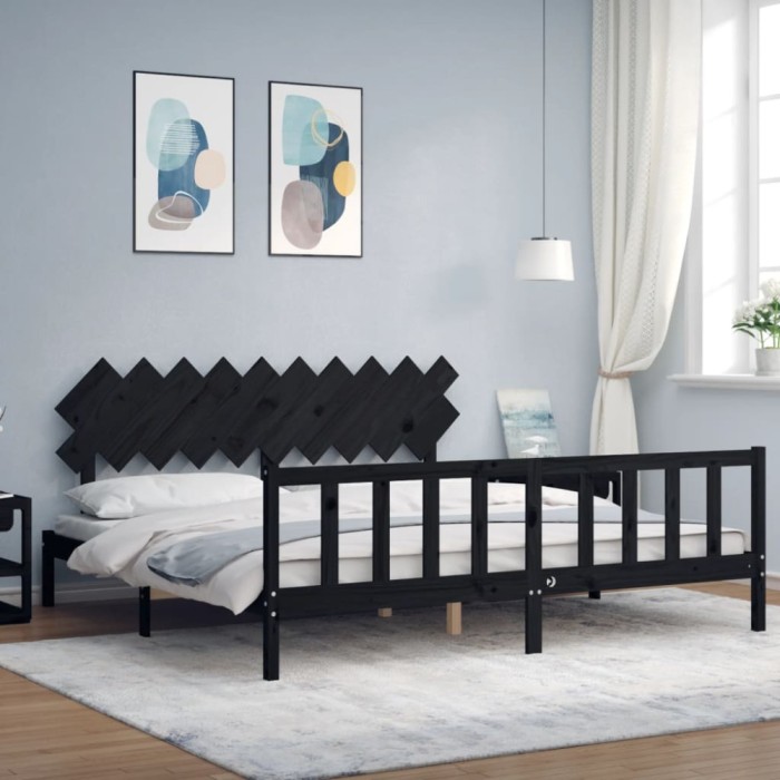 Gossi cadru pat cu tablie 200x200 cm, negru, lemn masiv