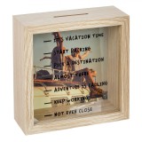 Pușculiță Lemn, Model Vacation Goal, Deschidere Superioară, Sticlă Gradată, Naturala, 15x6x15 cm, Oem