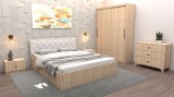 Set Dormitor Maia Stejar Sonoma Pat 160 cm x 200 cm + Noptiere + Dulap cu usi glisante 150 cm x 200 cm + comoda