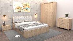 Set Dormitor Maia Stejar Sonoma Pat 160 cm x 200 cm + Noptiere + Dulap cu usi glisante 150 cm x 200 cm + comoda
