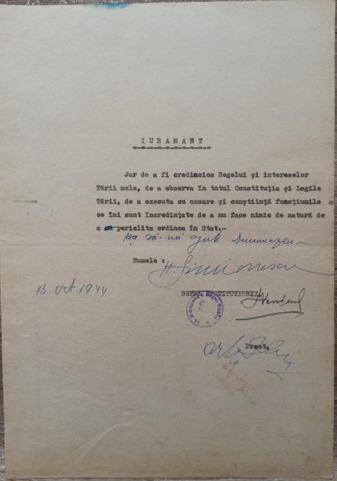 Juramant fata de Rege si Tara, 1944, semnat de arhiereul Veniamin Pocitan