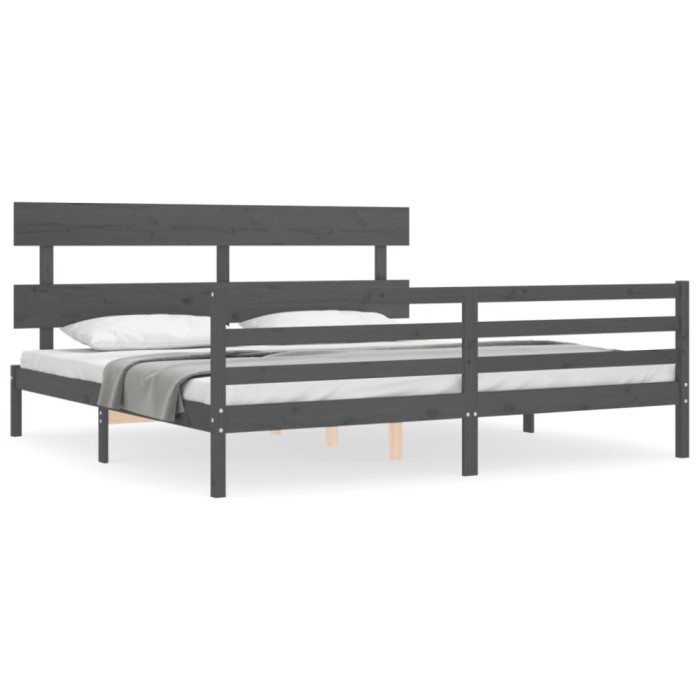 Cadru pat cu tablie 200x200 cm, gri, lemn masiv