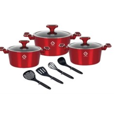 Set 10 piese 3 vase Gatit Aluminiu Marmorat Inductie Grunberg GR2718R Rosu