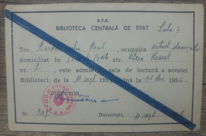 Permisul lui Paul Bortnovschi la Biblioteca Centrala de Stat, 1956