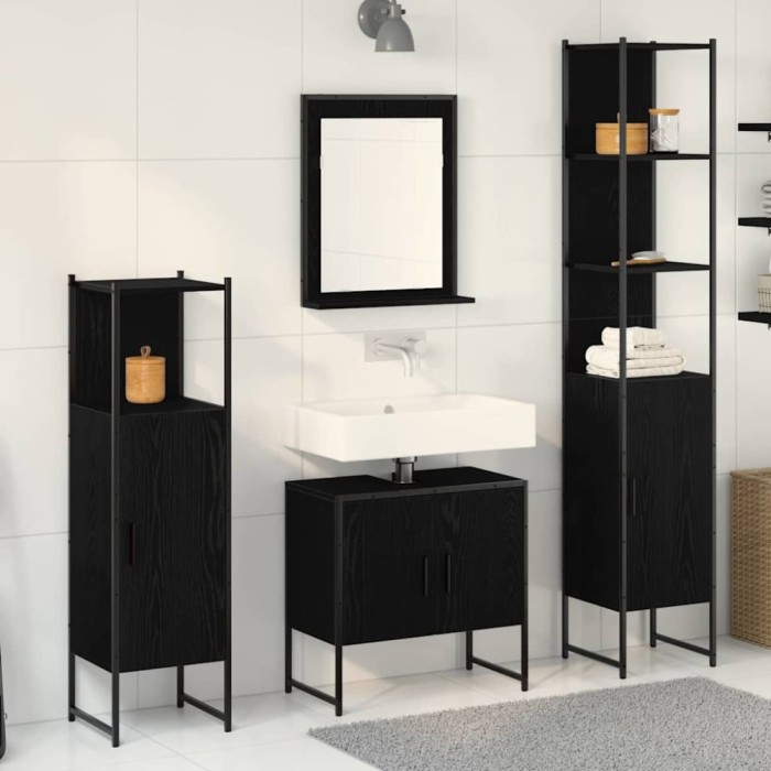 Set Mobilier Baie 4 Piese Stejar Negru - Lemn Prelucrat