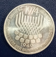 (A166) MONEDA DIN ARGINT GERMANIA - 5 MARK 1974, LIT. F, 25 ANI CONSTITUTIA