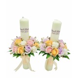 Set nunta, 2 lumanari personalizabile cu nume si data decorate cu flori din foita de sapun, 40 cm (Multicolor)