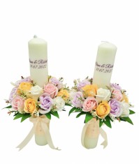 Set nunta, 2 lumanari personalizabile cu nume si data decorate cu flori din foita de sapun, 40 cm (Multicolor)