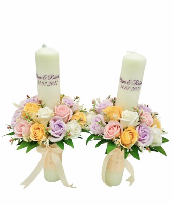 Set nunta, 2 lumanari personalizabile cu nume si data decorate cu flori din foita de sapun, 40 cm (Multicolor) foto