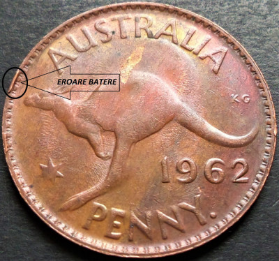 Moneda exotica (ONE) PENNY - AUSTRALIA, anul 1962 * cod 13 B = CAMEO + EROARE foto