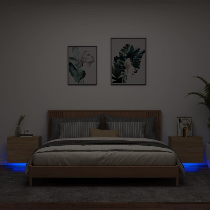 Gossi noptiere montate pe perete cu lumini led, 2 buc., stejar sonoma