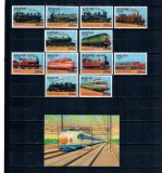 Bhutan 1996 - Locomotive, trenuri, serie si colita neuzata
