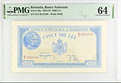 5000 lei Mai 1944 PMG64 UNC bancnota gradata foto