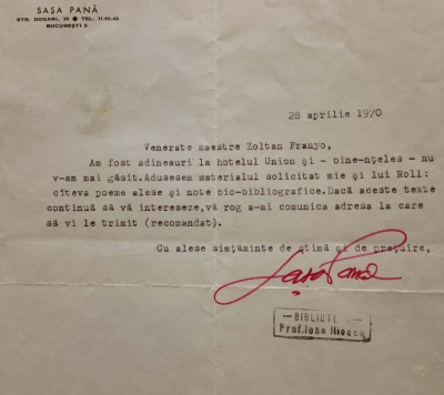 SASA PANĂ, AUTOGRAF: Scrisoare către scriitorul Zoltan Franyo foto