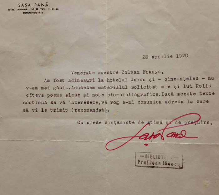 SASA PANĂ, AUTOGRAF: Scrisoare către scriitorul Zoltan Franyo