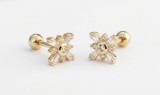 Cercei Piercing din Argint 925 Aurit cu Zirconii Bagheta Model Geometric Floral cu Inchidere Bila