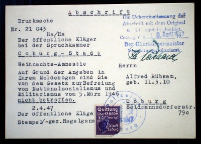 P.199 GERMANIA ABSCHRIFT WEIHNACHTS-AMNESTIE COBURG-STADT 2.4.1947 ALFRED R&amp;Uuml;BSAM foto