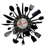 Ceas de perete decorativ Utensils Burst, realizat din disc de vinil upcycled, model Ustensile de Bucatarie si Chef, negru, 30 cm
