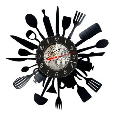 Ceas de perete decorativ Utensils Burst, realizat din disc de vinil upcycled, model Ustensile de Bucatarie si Chef, negru, 30 cm