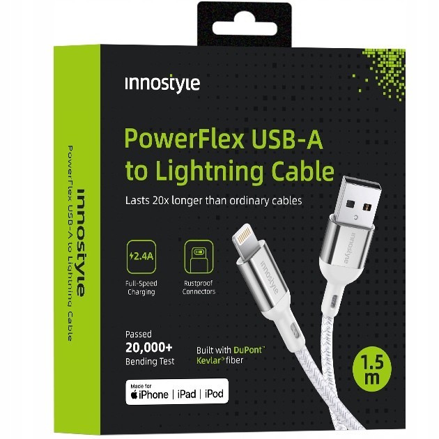 Innostyle Powerflex Usb Lightning Mfi Cablu De &Icirc;ncărcare Rapidă Pentru Iphone Kevlar 2M Argint