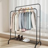 Cumpara ieftin Suport dublu pentru haine, cu raft pentru incaltaminte, dimensiuni 110 cm x 54.5 cm x 150 cm, din metal, negru