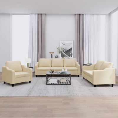 vidaXL Set de canapele cu perne, 3 piese, crem, textil foto