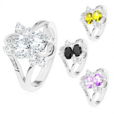 Inel argintiu, două ovaluri șlefuite colorate, zirconii transparente - Marime inel: 50, Culoare: Negru