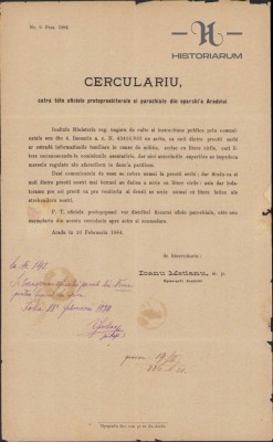 HST 93S Circulara mitropolit Ioan Metianu 1884 indemn la scris cu litere latine foto